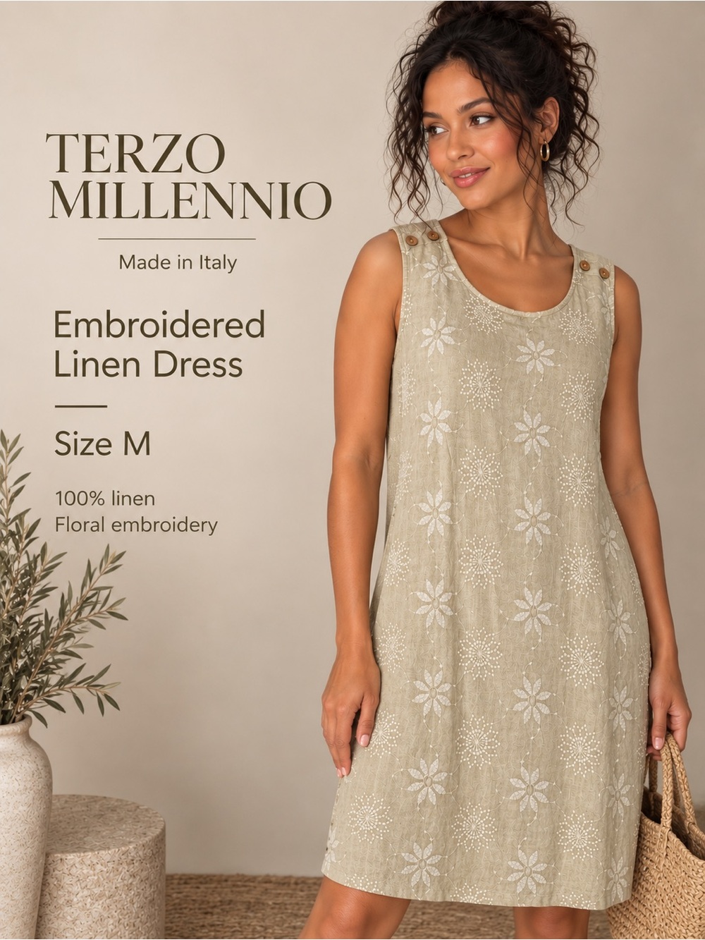 Terzo Millennio Made in Italy Embroidered Linen Floral Dress M